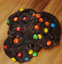 Double Chocolate Cookie Dark chocolate cookie with chocolate chunks and M&M's