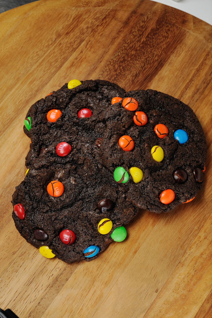 Dark chocolate cookie with chocolate chunks and M&M's