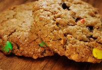 A flourless treat made with peanut butter, oats, butterscotch, chocolate chunks and M&M's