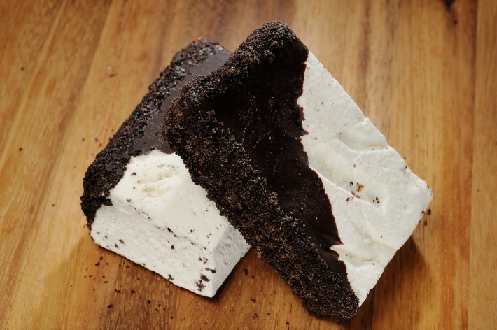 Marshmallow dipped in dark chocolate and rolled in Oreo crumbs